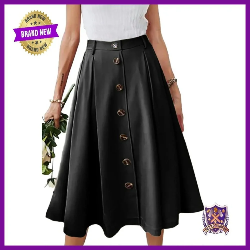 Pleated A-line Midi Skirt Elastic Waist Button Front Pocket